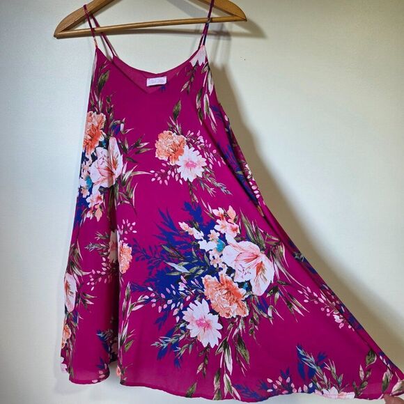 EUC PINK LILY V NECK FLORAL TANK SWING SHORT DRESS SIZE SMALL - Picture 1 of 12